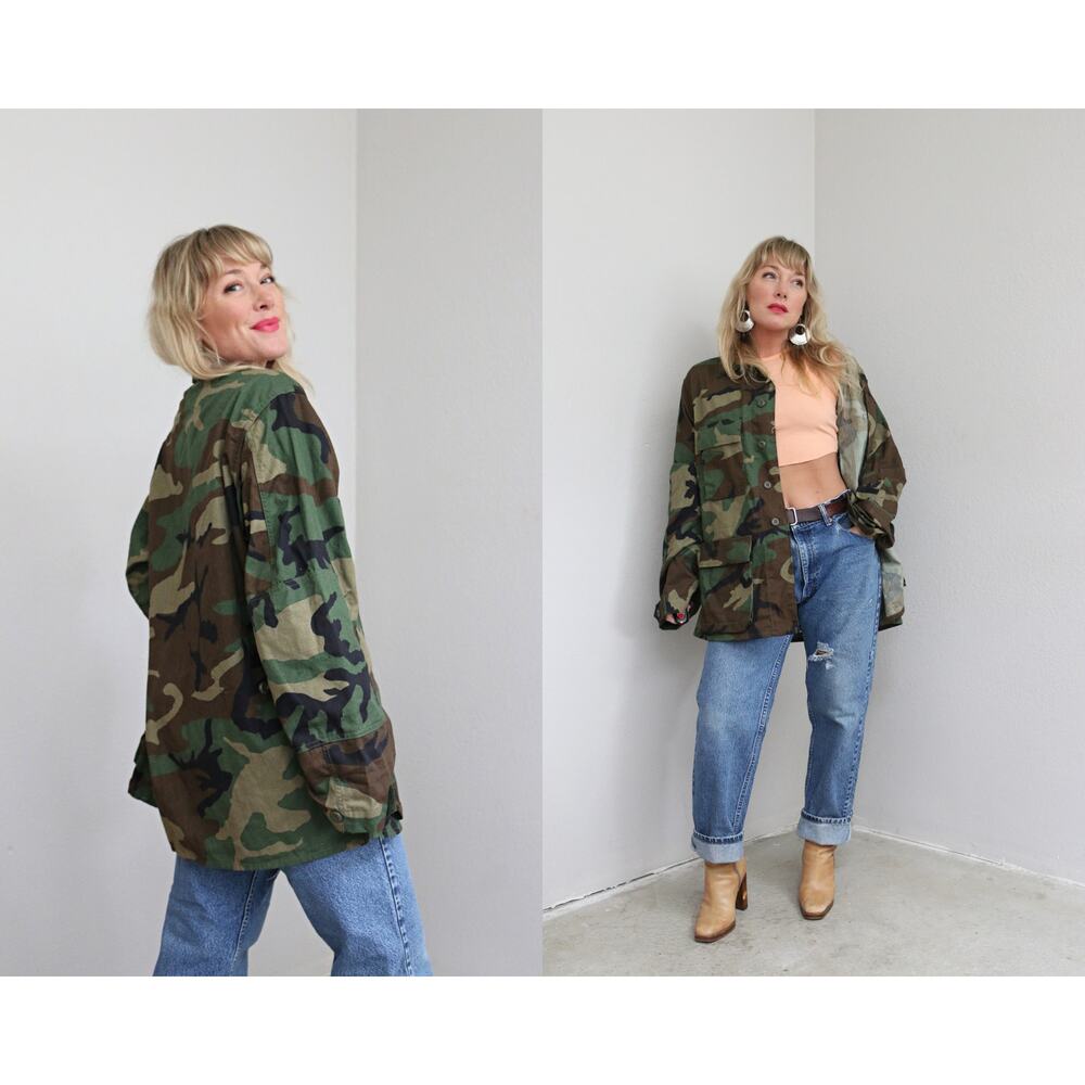 1990's Vintage Army Woodland Combat Camo Jacket ~ Women's LG XL ~ Men's MD